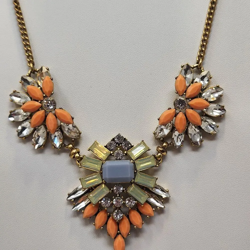 J Crew Orange Green Clear Rhinestone Cluster Statement Necklace Gold Tone